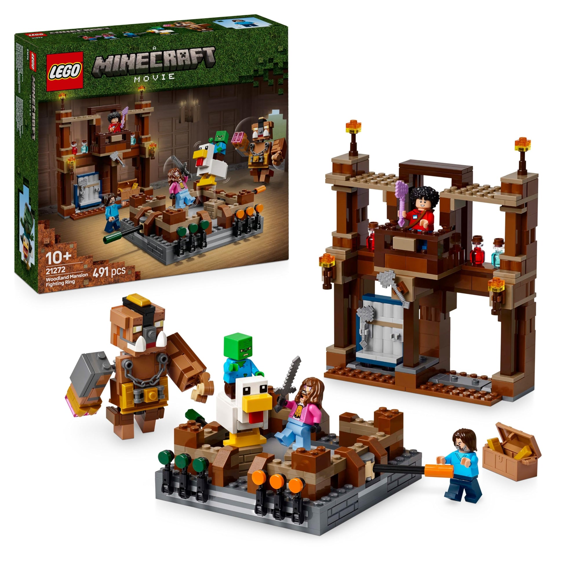 LEGO Minecraft Woodland Mansion Fighting Ring with Steve, Garret, Henry minifigures and a Baby Zombie in action scene.