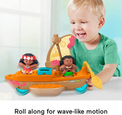 Fisher-Price Little People Disney Princess Moana and Maui's canoe sailboat toy with figures for pretend play, suitable for ages 18 months.