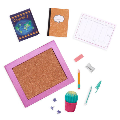 Our Generation dollhouse furniture set featuring a home desk and chair for 18-inch dolls, ideal for pretend play.