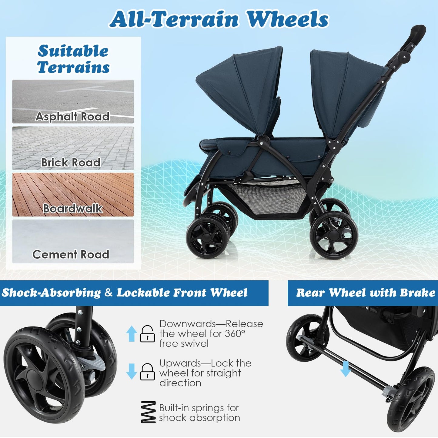 COSTWAY double seat pushchair with navy fabric, foldable twin stroller, adjustable backrests, sunshade, safety belts, and storage basket