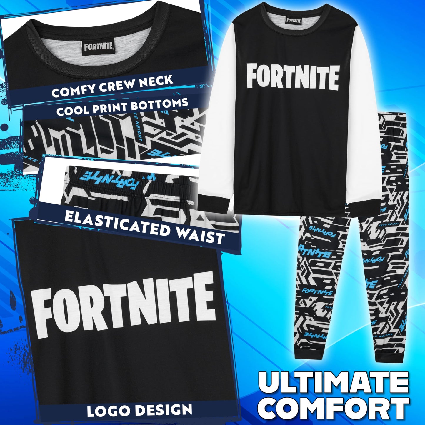 Get Trend Fortnite Boys Pyjamas Set, Long PJs for Kids & Teenagers, Cosy Loungewear Soft Nightwear, Gamer Gifts for Boys (15-16 Years, Blue/White Fortnite)