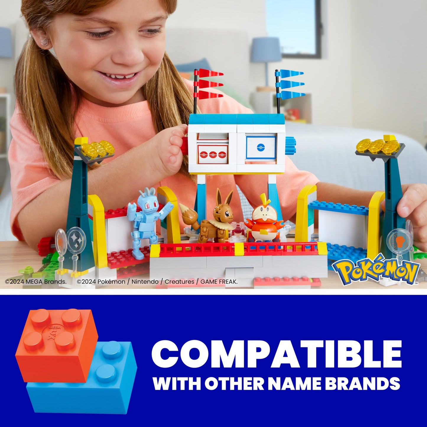 MEGA Pokémon Building Toys set featuring 1101 pieces, training stadium, and 5 poseable characters for creative play.