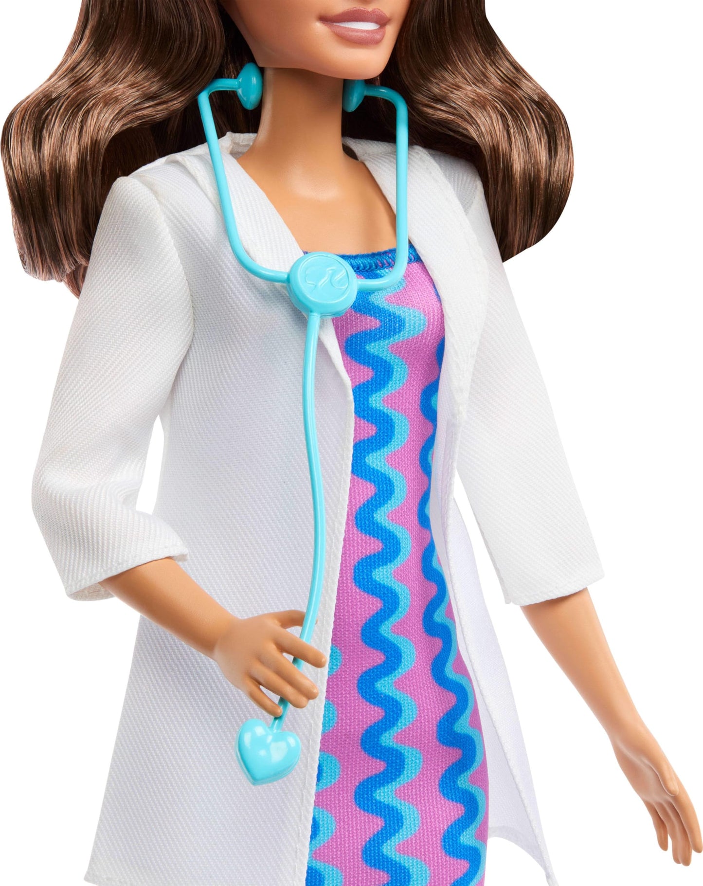 Barbie Careers Doctor Fashion Doll with white coat, dress, shoes, and stethoscope accessory, showcasing a professional medical outfit.
