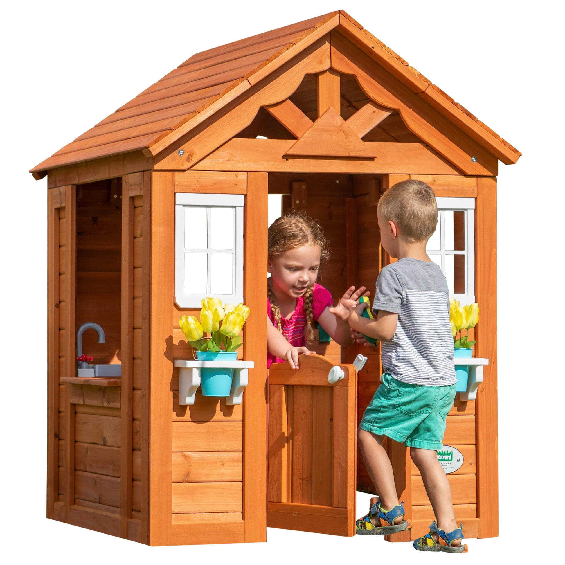 Backyard Discovery Timberlake cedar wood playhouse for kids, featuring toy kitchen, phone, flowerpot holders, suitable for ages 2-7, brown