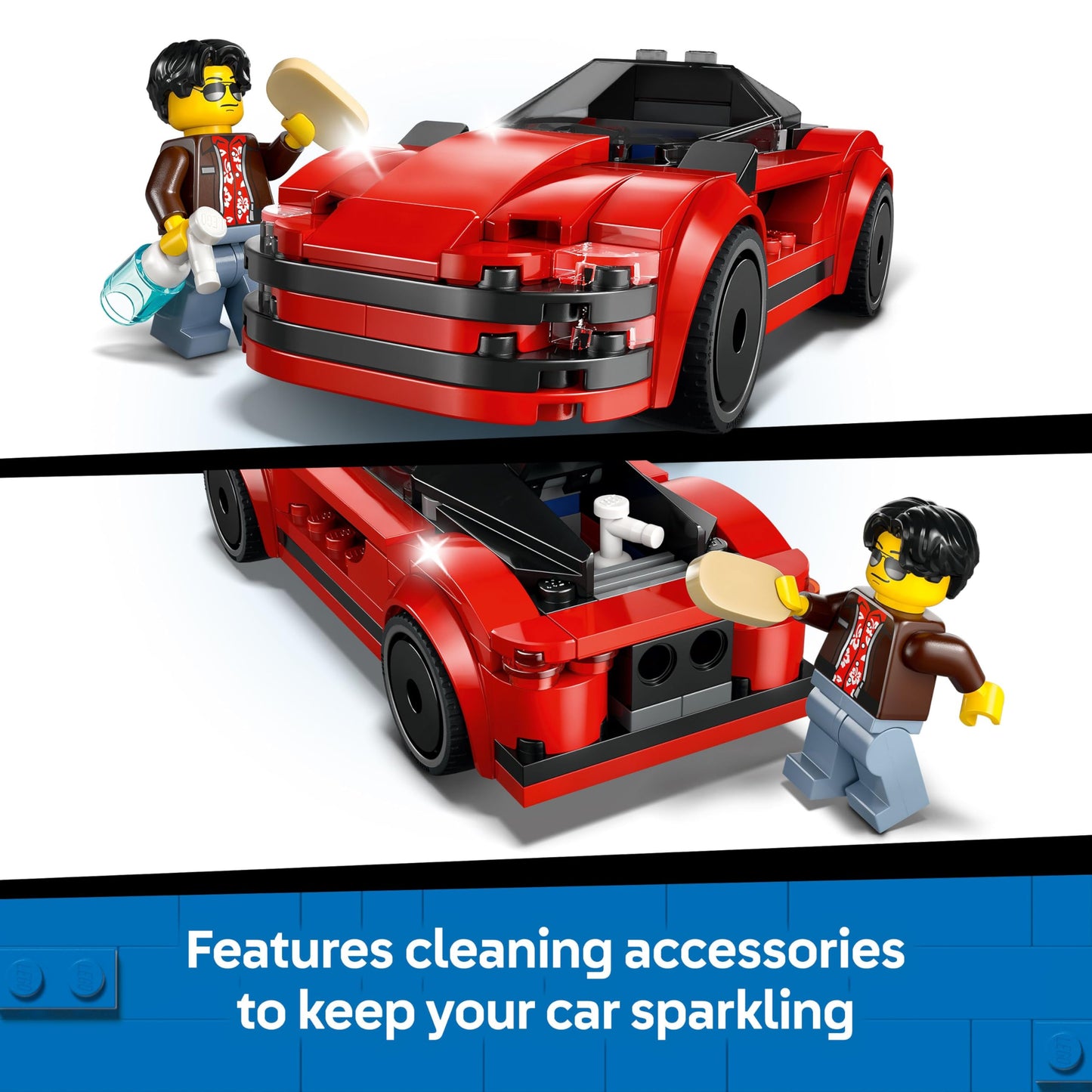 LEGO City red sports car toy with driver minifigure and accessories, designed for kids aged 5 and up.
