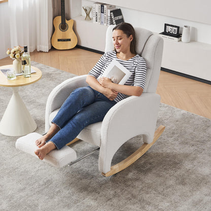 DEKKETO Teddy rocking chair in white with headrest, footrest, side pocket, comfortable nursing armchair for adults and nursery use