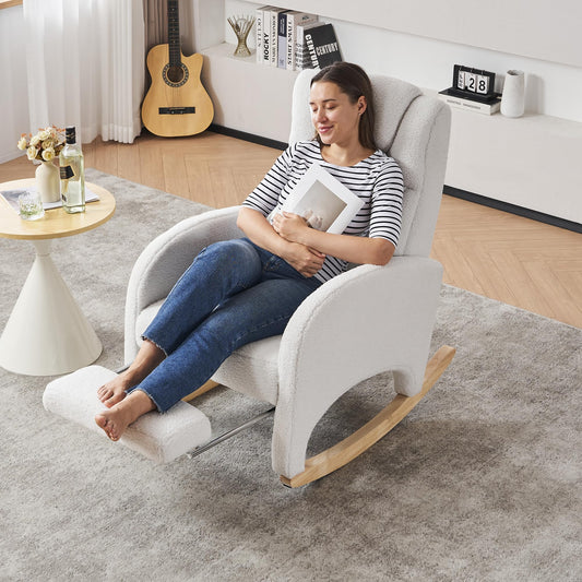 DEKKETO Teddy rocking chair in white with headrest, footrest, side pocket, comfortable nursing armchair for adults and nursery use