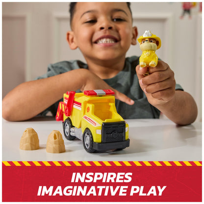Paw Patrol Fire Rescue: Rubble Rescue Fire Dump Truck with Action Figure, Projectiles, and Toy Truck, Kids Toys for Boys and Girls Ages 3 and Up