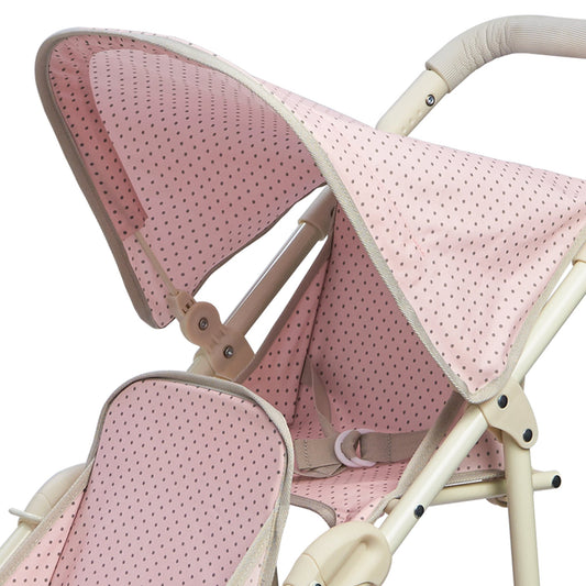Olivia's Little World Double Jogging-Style Pram for Baby Dolls with Tandem Seating for Dolls and Stuffed Animals with a Retractable Canopy, Storage Basket, All-Terrain Wheels, Cream and Pink with Grey