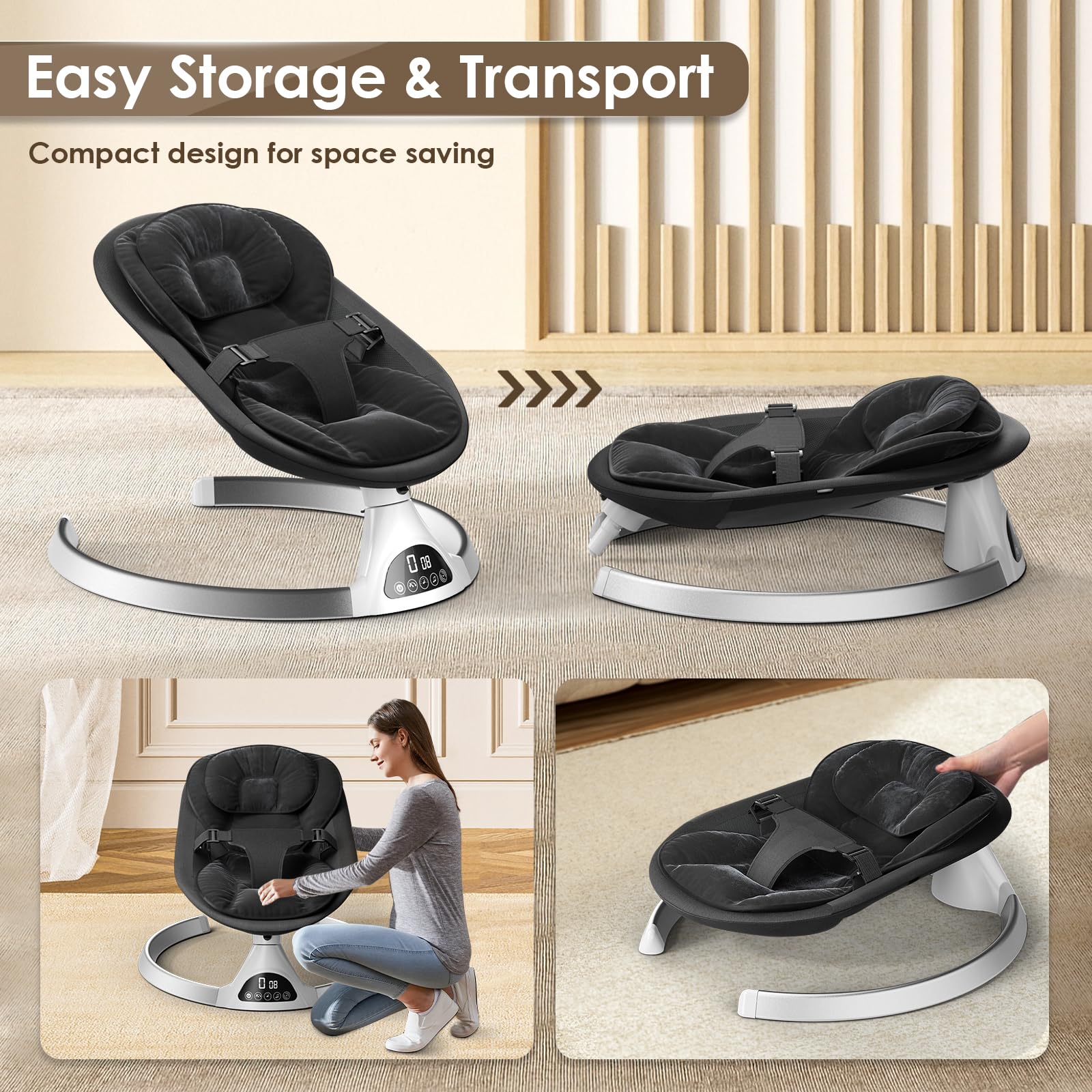 Ixdregan electric baby bouncer chair with soft padding, Bluetooth remote, 5 swing speeds, 3 timers, and 10 lullabies in black.