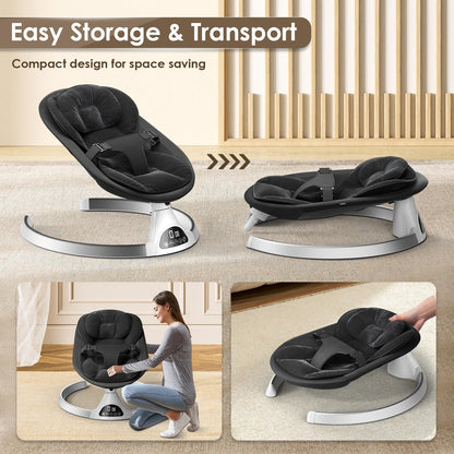 Ixdregan electric baby bouncer chair with soft padding, Bluetooth remote, 5 swing speeds, 3 timers, and 10 lullabies in black.