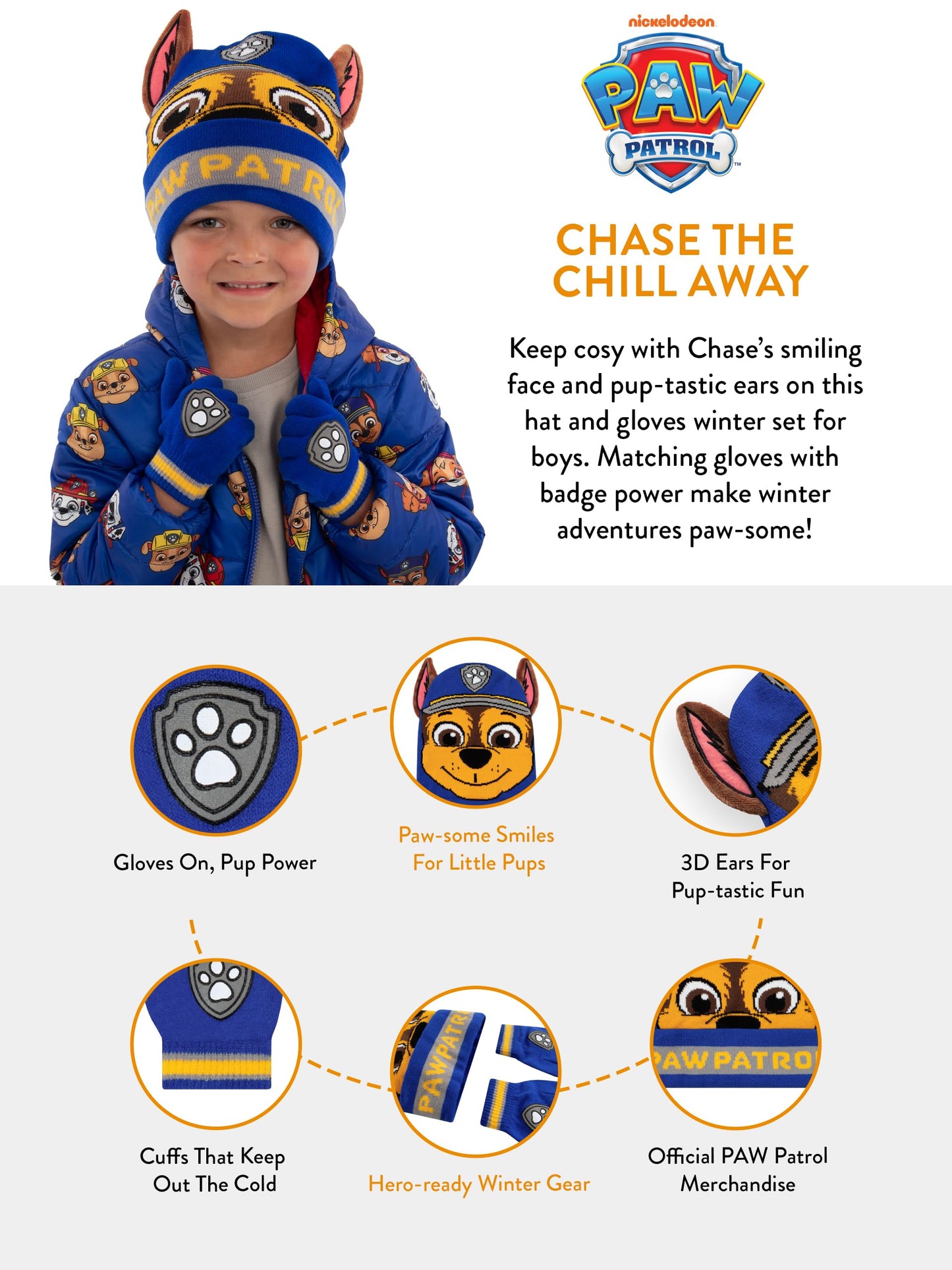Paw Patrol Hat And Gloves Set For Kids, Chase Boys Hat And Gloves Set With 3D Ears, Blue, One Size