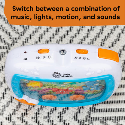 Baby Einstein Sea Dreams Soother crib toy with remote, featuring calming lights and melodies for newborn sleep aid.