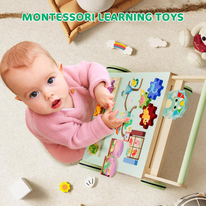 TERRAMUS Wooden Baby Walker with dinosaur design, toddler push toy for motor skill development and Montessori learning activities.