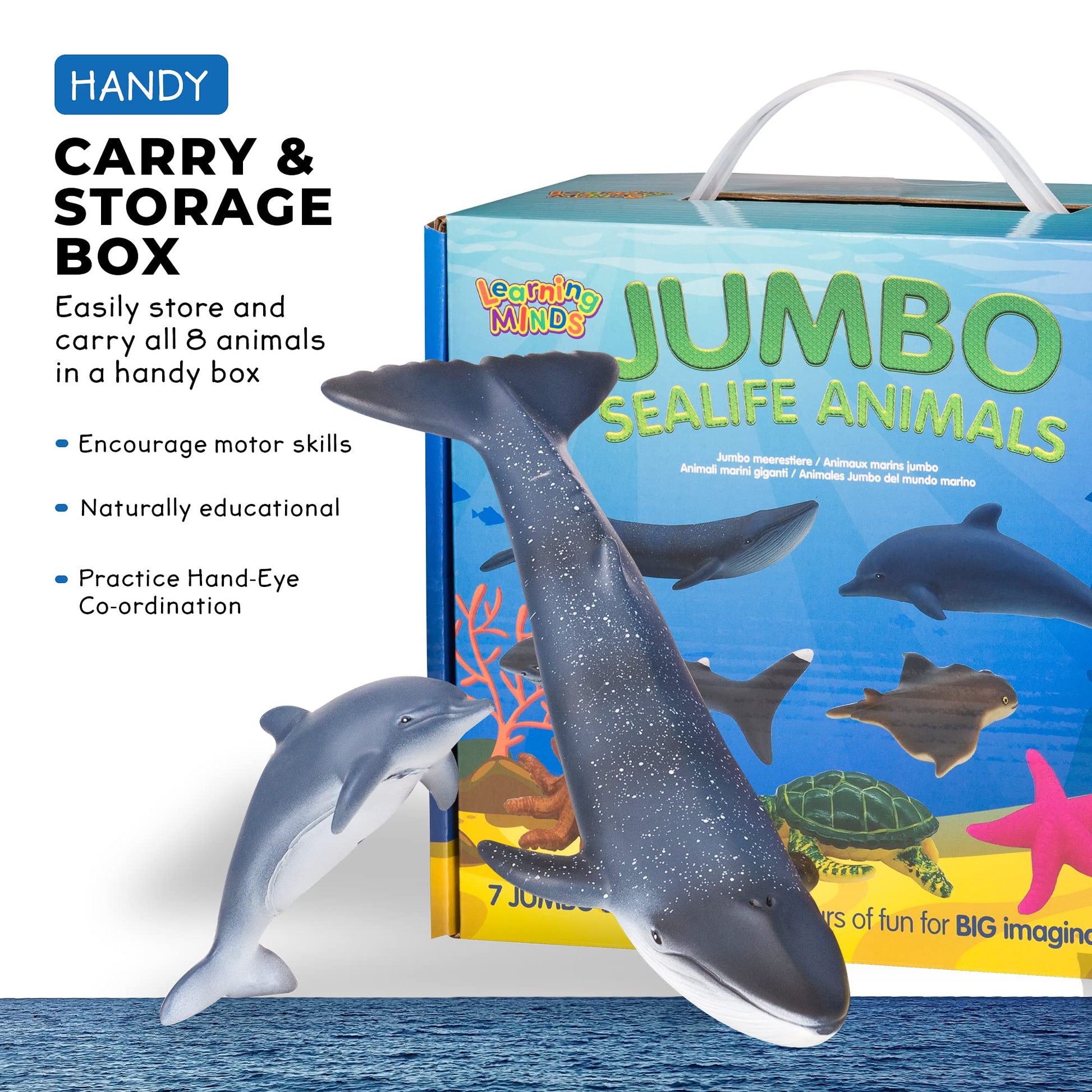 Set of 7 jumbo sea animal figures including shark, whale, and dolphin toys for children by Learning Minds.