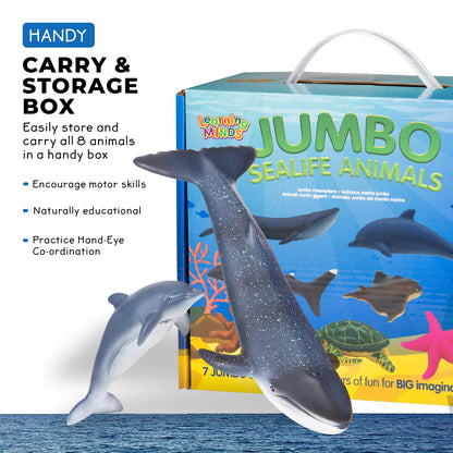 Set of 7 jumbo sea animal figures including shark, whale, and dolphin toys for children by Learning Minds.