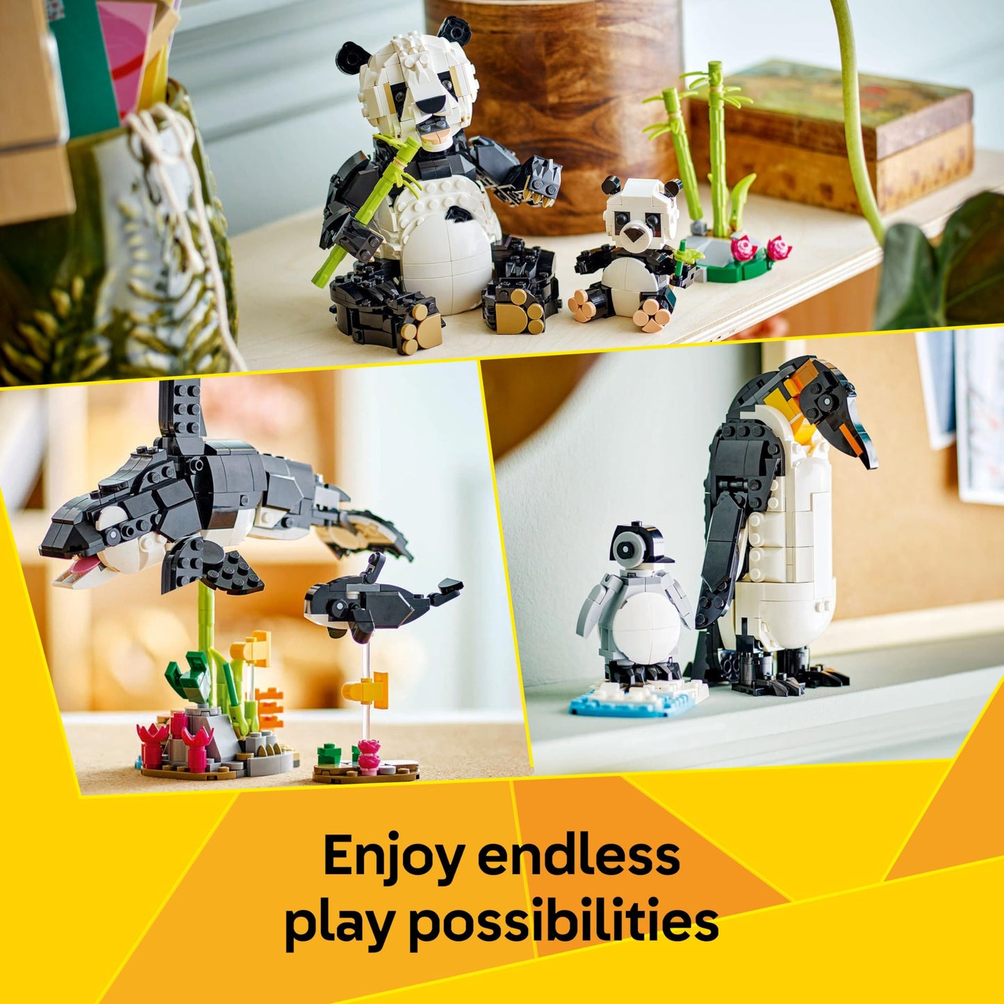 LEGO Creator 3in1 Wild Animals set featuring a panda family, penguins, and orca whale, ideal for creative play.