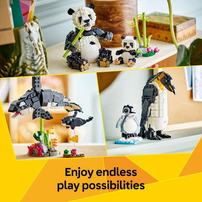 LEGO Creator 3in1 Wild Animals set featuring a panda family, penguins, and orca whale, ideal for creative play.