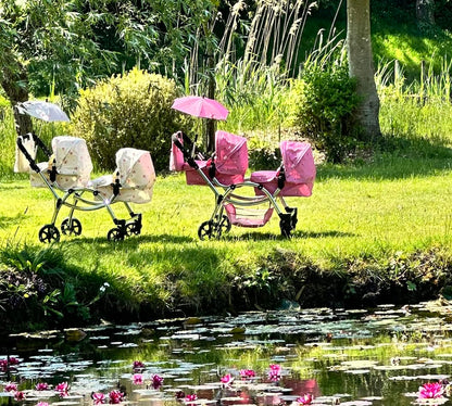 Roma Darcie Twin Cream Dolls Pram - Adjustable Handle Dolls Pushchair for Reborn Dolls, Double Dolls Pram with 16 Combinations, Bag & Shopping Basket - Ideal for Ages 3-16