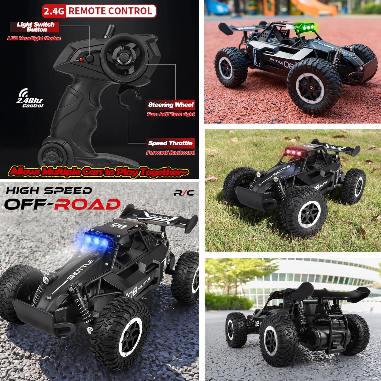 SZJJX Remote Control Car for Kids 3 4 5 6 7+, 20 KM/H High-Speed RC Cars with LED Lights, 2.4GHz 2WD Monster Truck Toys, Rechargeable RC Car, Toy Cars for Girls Boys, Christmas & Birthday Gifts–Black