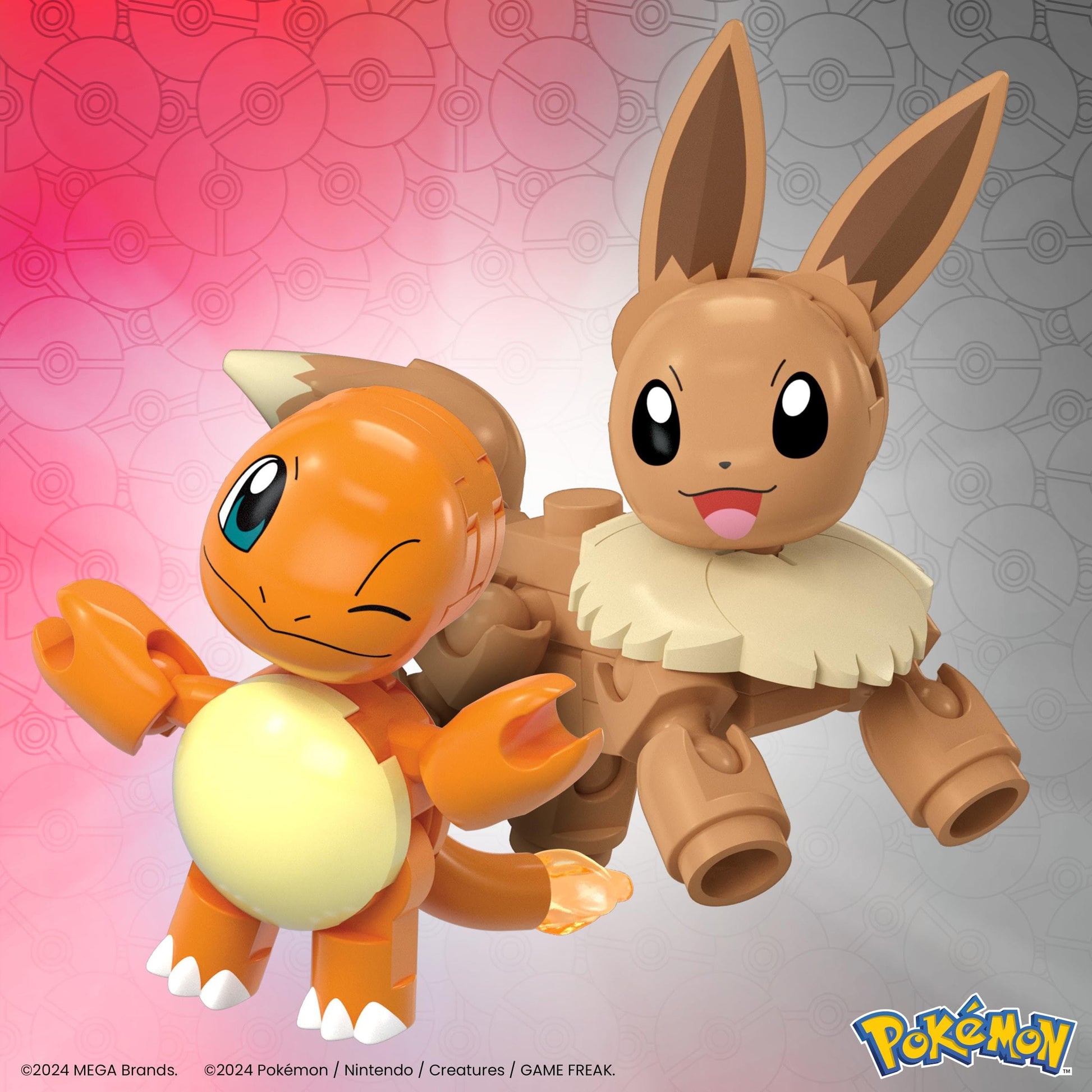 MEGA Pokémon action figure building toys set featuring Charmander and Eevee with Poké Balls and 40 pieces for kids.