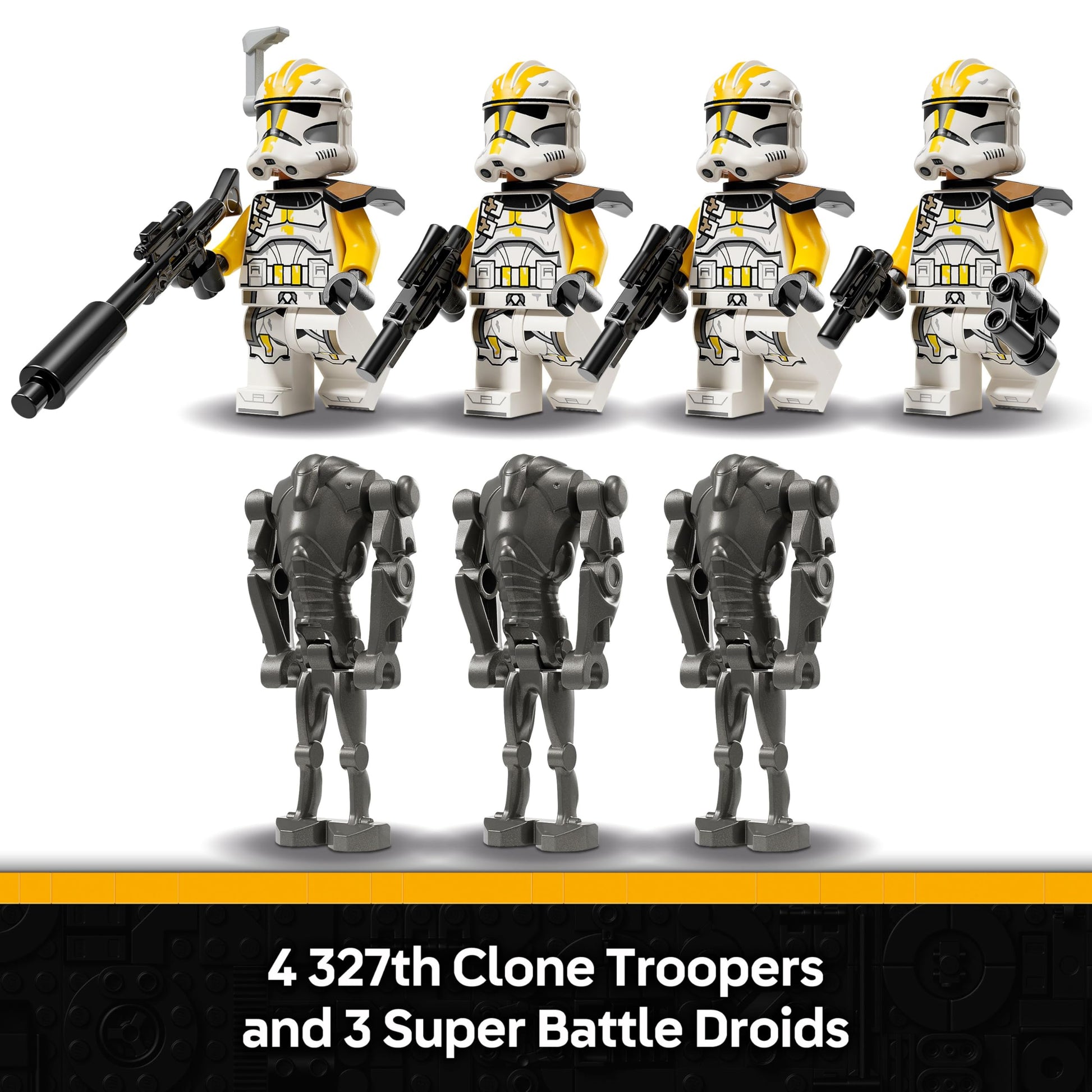 LEGO Star Wars 75431 battle pack featuring 4 Clone Trooper minifigures, 3 Battle Droids, and an AT-RT vehicle.