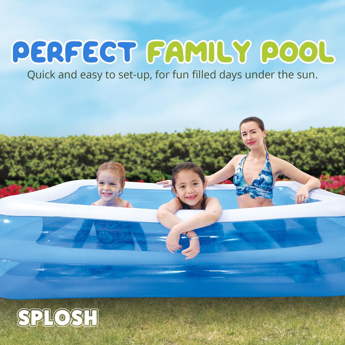 Splosh Inflatable Family Swimming Pool For Kids - Large Rectangle Kids Paddling Pool 2.62m x 1.75m - Easy To Inflate - Kids Paddling Pools For Garden