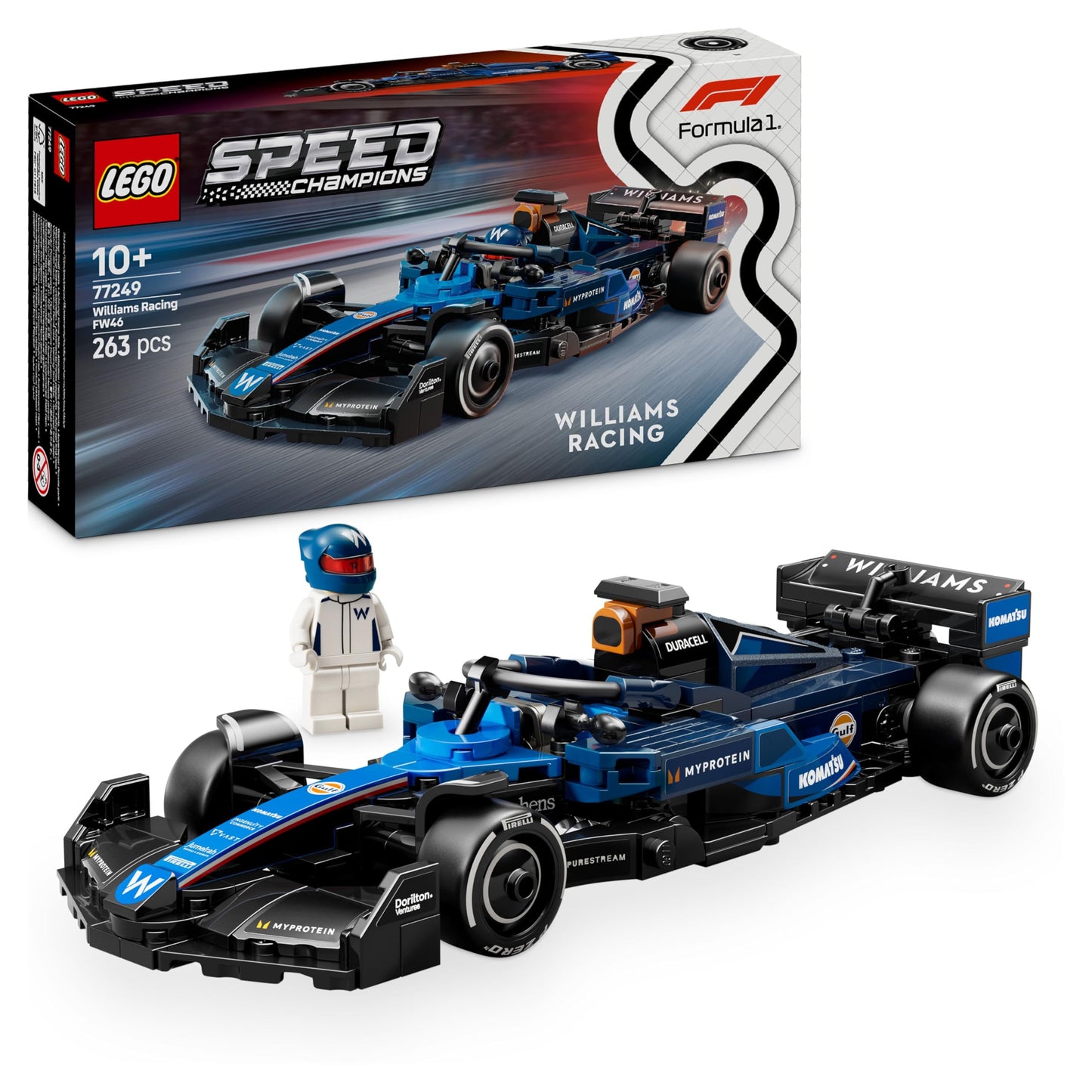 LEGO Speed Champions Williams Racing FW46 F1 car model kit with collectible driver minifigure for ages 10 and up.