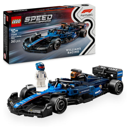 LEGO Speed Champions Williams Racing FW46 F1 car model kit with collectible driver minifigure for ages 10 and up.