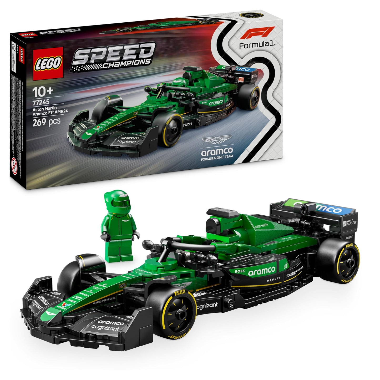LEGO Speed Champions Aston Martin F1 AMR24 race car model kit with collectible driver minifigure, ideal for motorsport fans.
