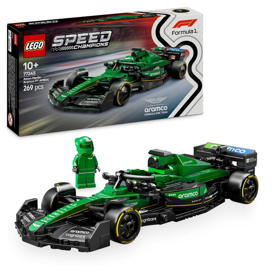 LEGO Speed Champions Aston Martin F1 AMR24 race car model kit with collectible driver minifigure, ideal for motorsport fans.