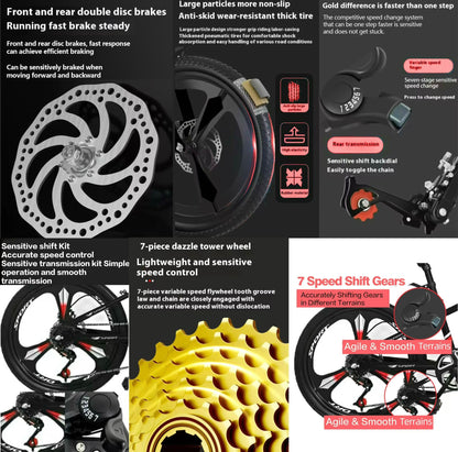 Kids 7-speed mountain bike with magnesium wheels, dual disc brakes, suspension, headlight, and tool kit for ages 6-12.