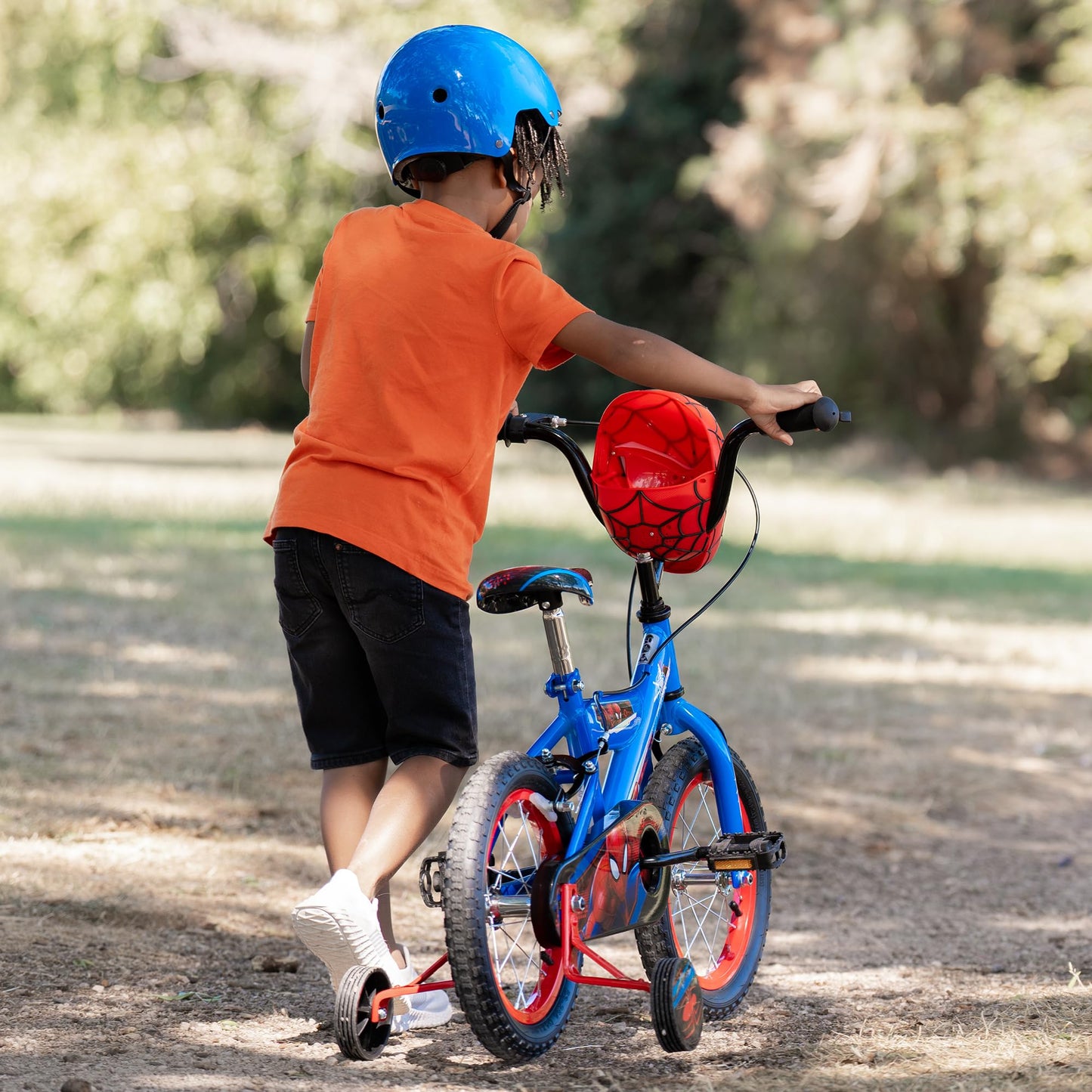 Huffy Boys Spiderman Bike 14 Inch Wheel with Spiderman Mask Handlebars Ages 4-6, 105-117cm, Blue