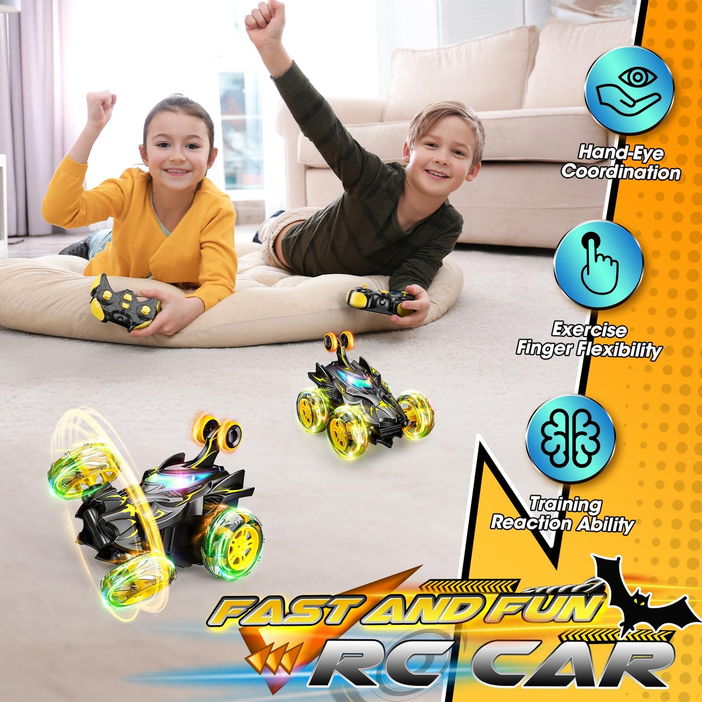 Braxel 360° Flips Remote Control Cars, BatToy Man Kids Toys for 3-9 Year Old Boys Toys Age 3-9 Year Old Boy for 3-11 Year Old Boys LED RC Car Present Early