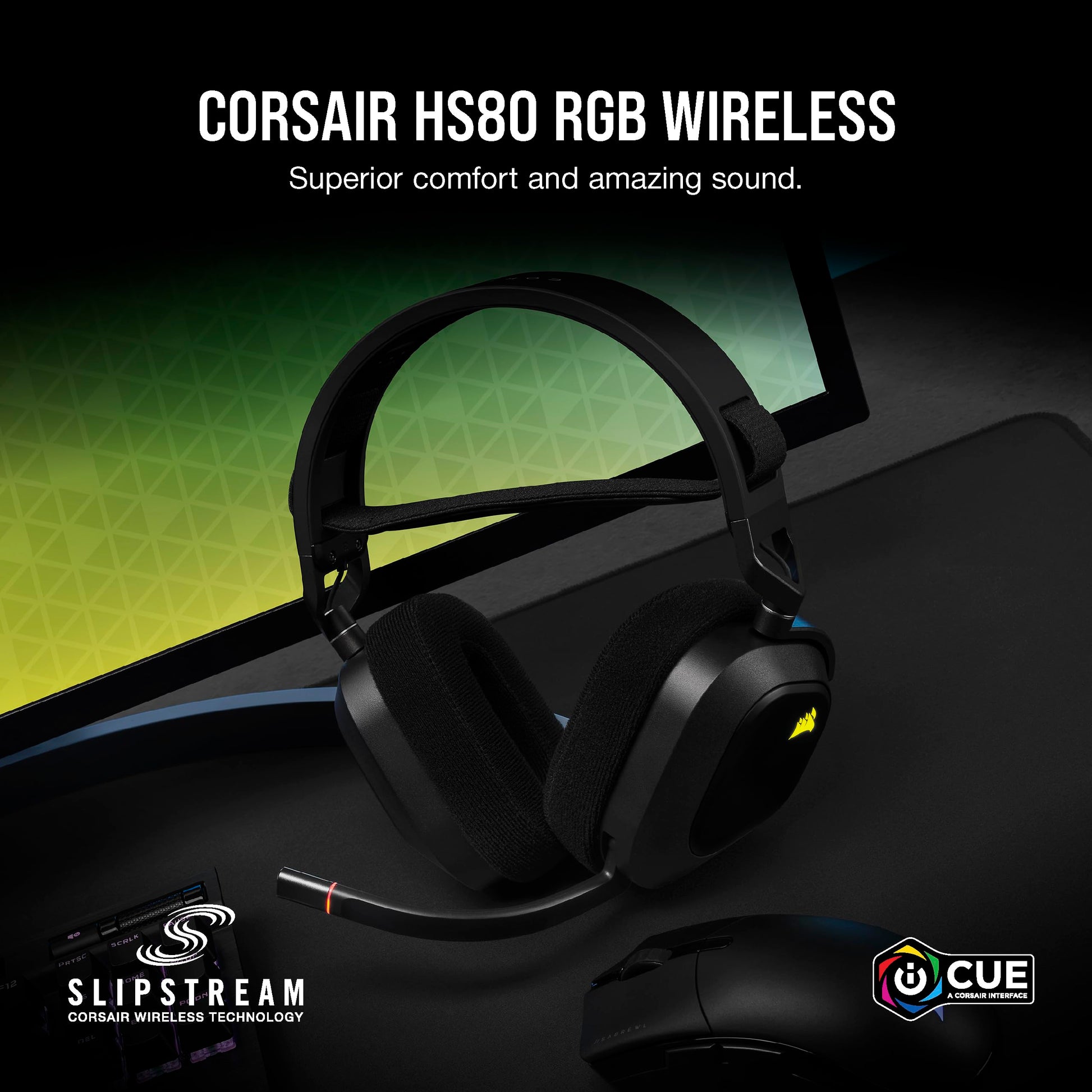 Corsair HS80 RGB wireless gaming headset with Dolby Atmos, omni-directional mic, carbon finish, compatible with PC, Mac, PS5, and PS4