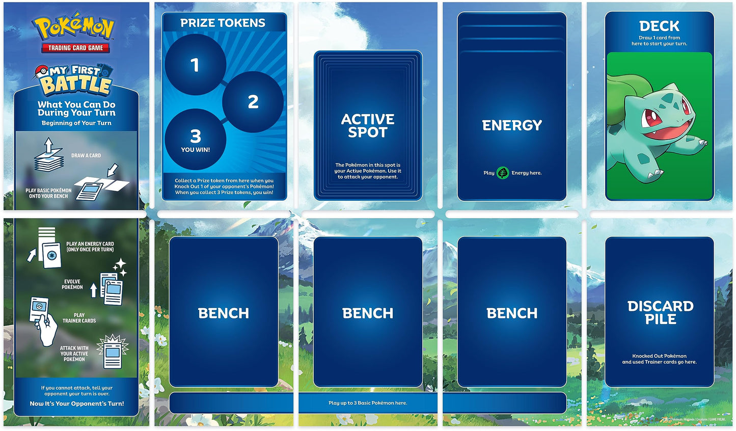 Pokémon TCG My First Battle featuring Pikachu and Bulbasaur mini decks with accessories on a colorful background.