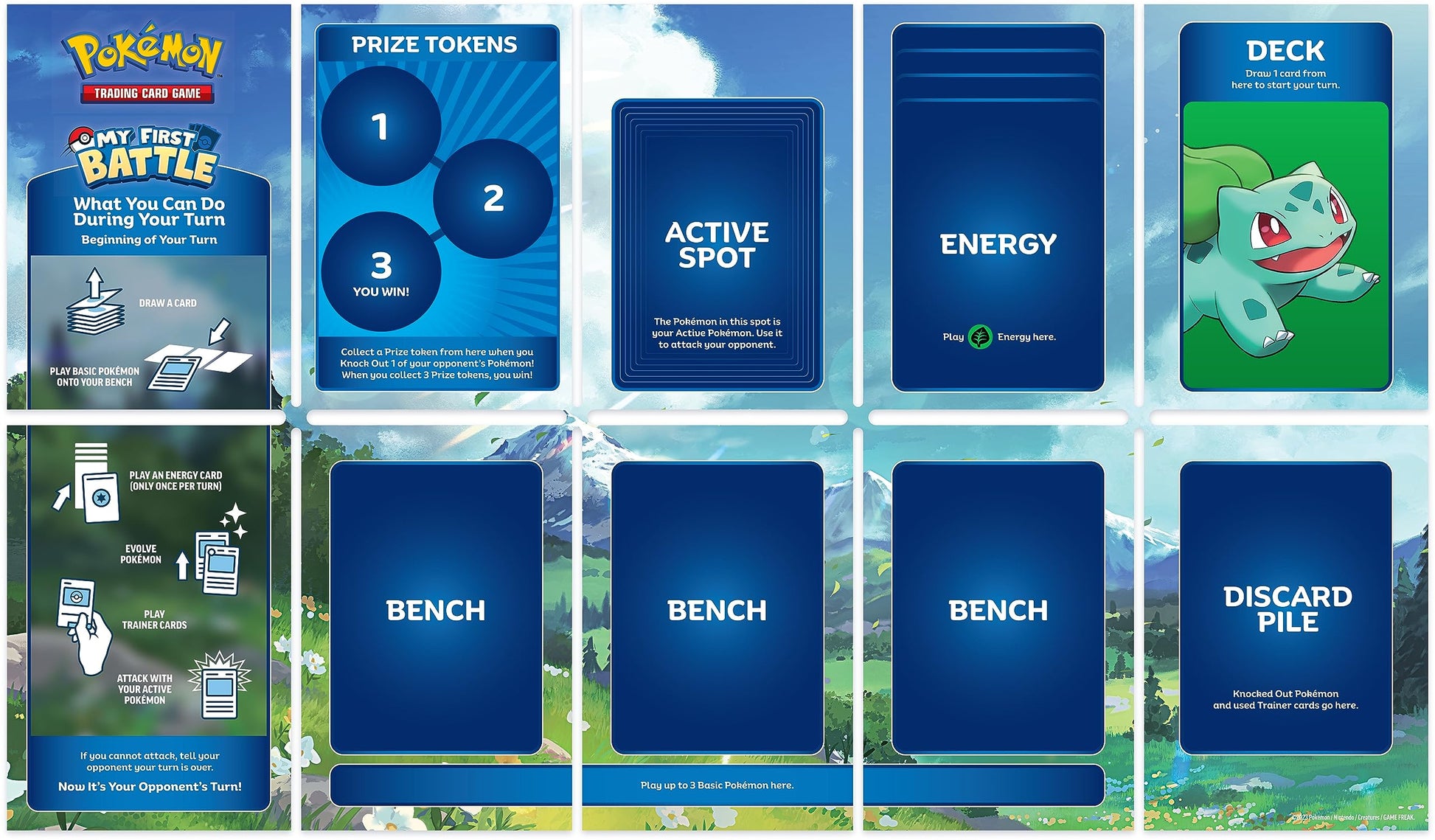 Pokémon TCG My First Battle featuring Pikachu and Bulbasaur mini decks with accessories on a colorful background.
