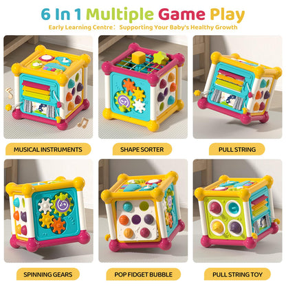 Colorful Imagibox 6-in-1 activity cube baby toy with shape sorter, music busy board, bubble pop, and sensory features for infants 6-12 months.