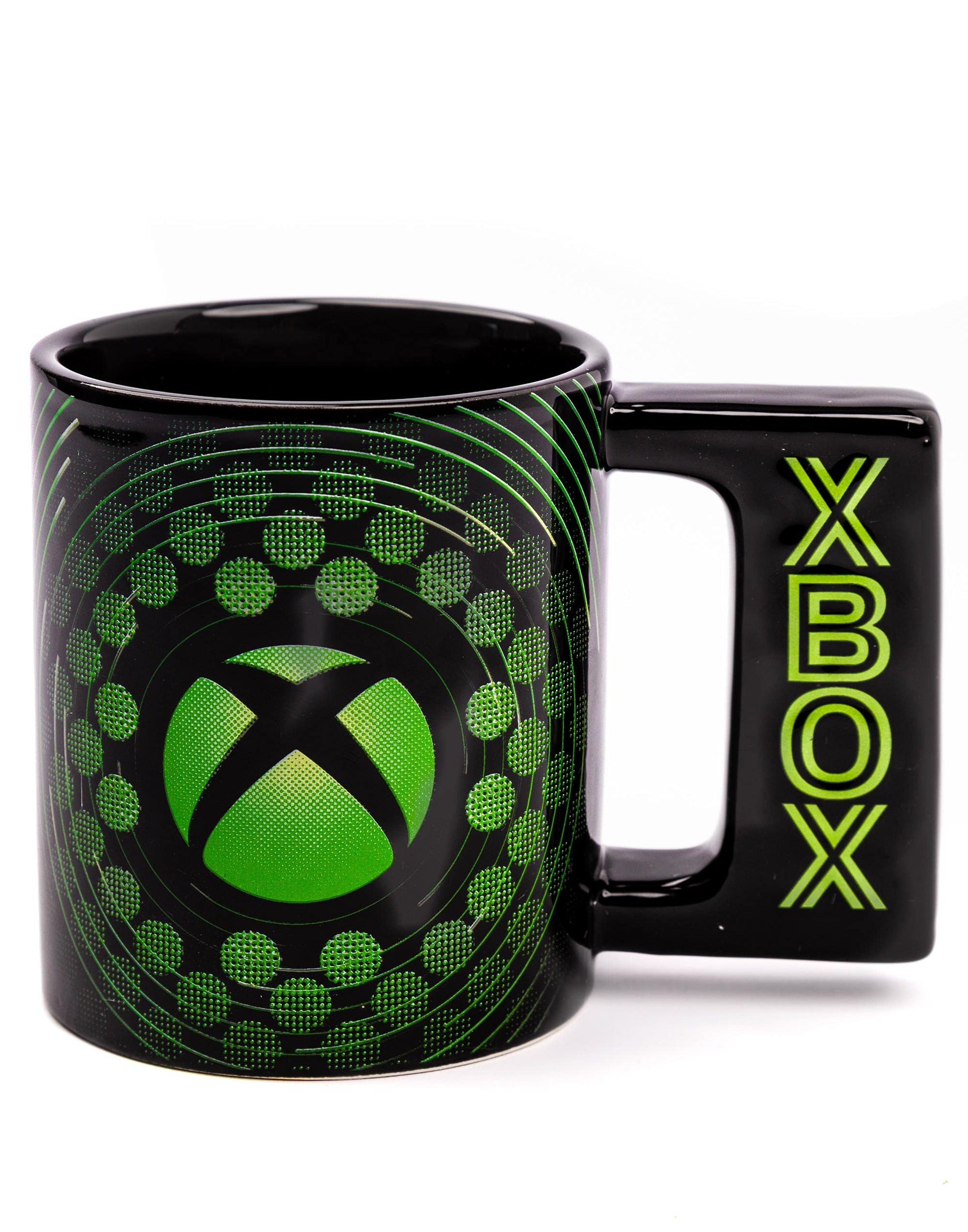 Black Xbox ceramic mug with green video game console logo and handle, 16oz size, ideal for gaming enthusiasts.