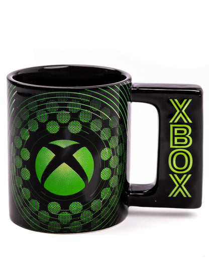 Black Xbox ceramic mug with green video game console logo and handle, 16oz size, ideal for gaming enthusiasts.