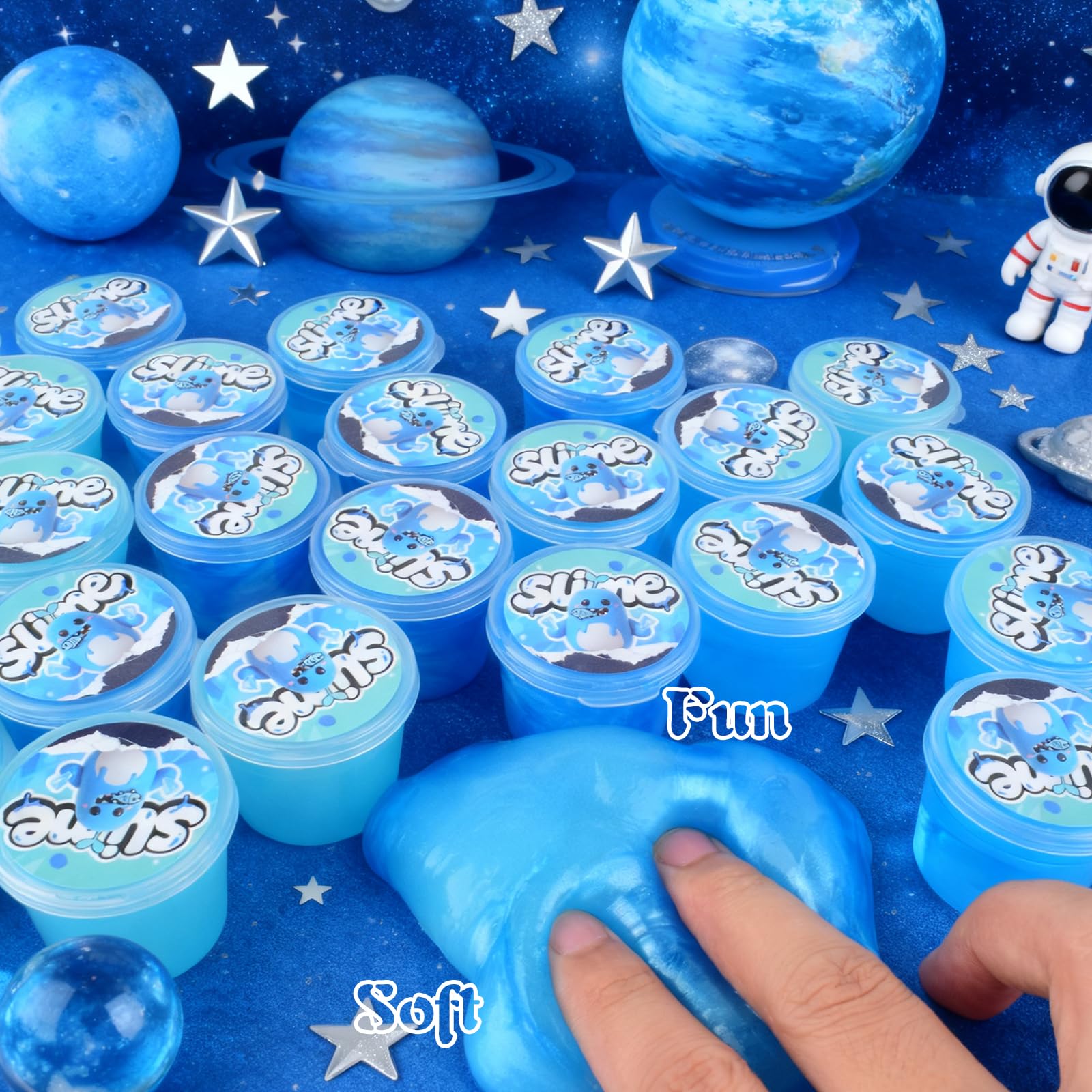 Set of 24 blue galaxy slime containers from Bretohay, glow-in-the-dark, stretchy stress relief putty for kids and classroom fun.