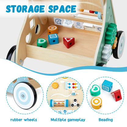 Wooden baby walker and activity center by medoga, adjustable toddler walker toy for boys and girls, featuring colorful play elements.