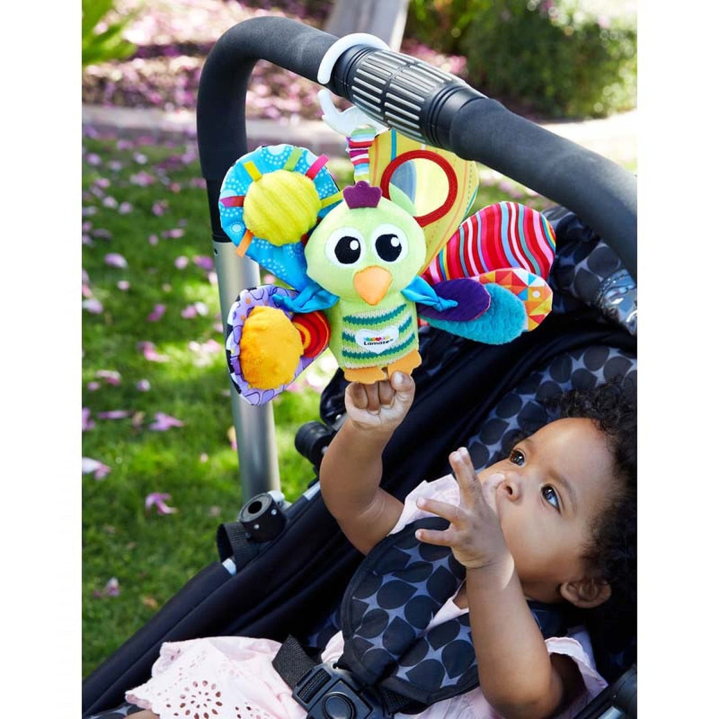 LAMAZE Jacques the Peacock clip-on baby toy for prams and pushchairs, sensory toy for newborns 0-6 months, colorful and soft.