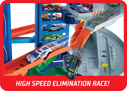 Hot Wheels City Ultimate Garage Playset with T-Rex and multi-level racetrack, designed for kids ages 5 to 8.
