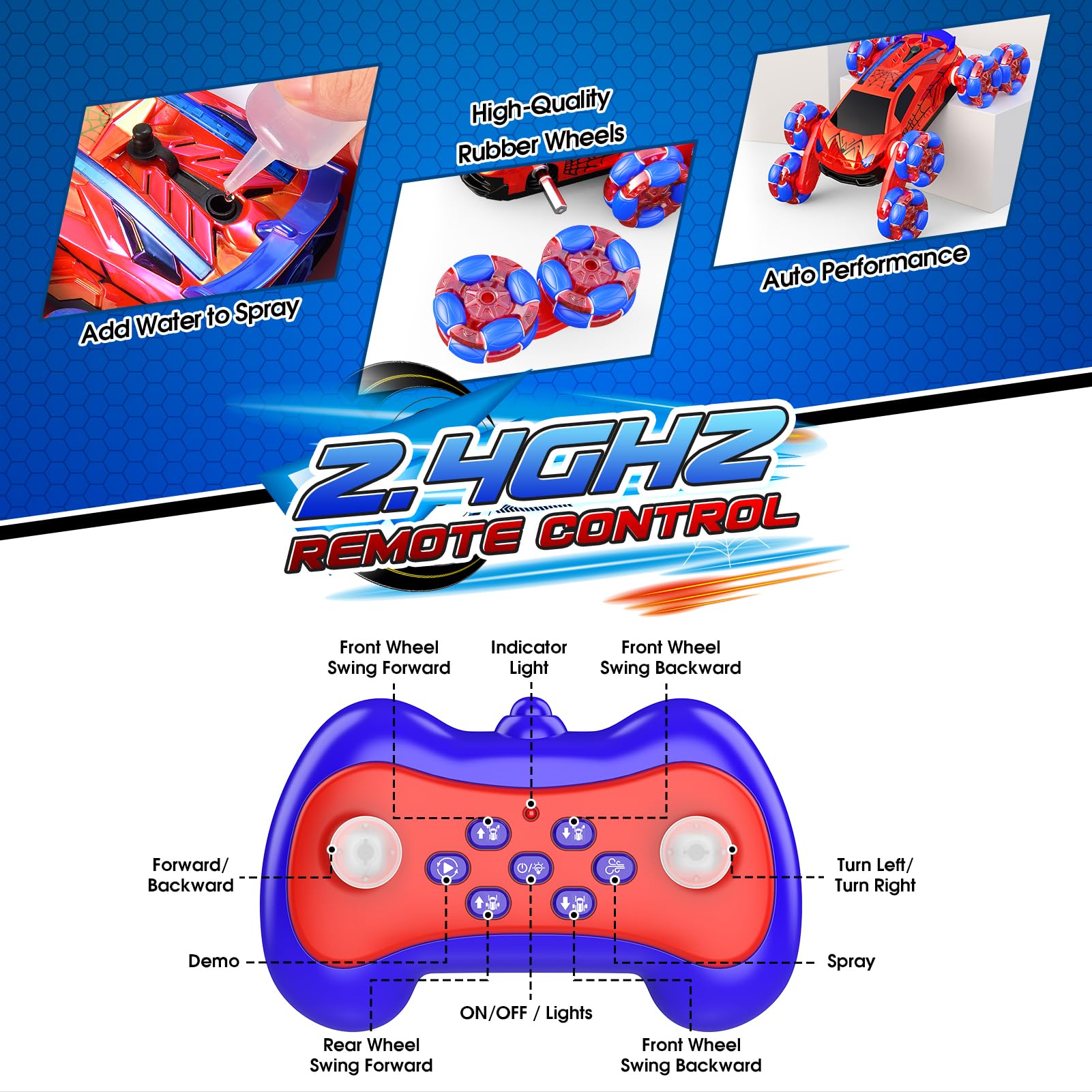 Dreamlandia 8WD remote control monster truck with lights, sounds, spray, designed for kids ages 3-12, outdoor RC car toy.