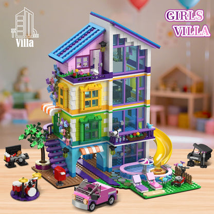 CUBIMANA Friends Girls House Building Set with LED Light - Pink Girl Villa Building Block with Car and Pool, 1317PCS Friends House Toy for Role Play, Christmas Birthday Gift for Girls Boys Age 6-14+