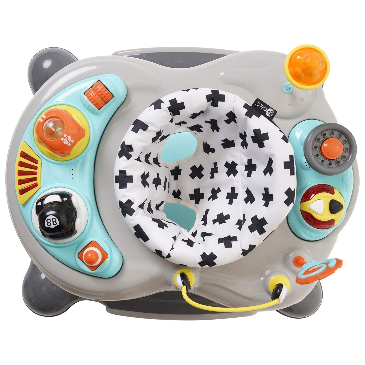 My Child 4-in-1 activity walker with roundabout, neutral colors, featuring activity toys and sturdy wheels for early walking support.