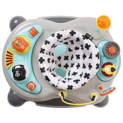 My Child 4-in-1 activity walker with roundabout, neutral colors, featuring activity toys and sturdy wheels for early walking support.