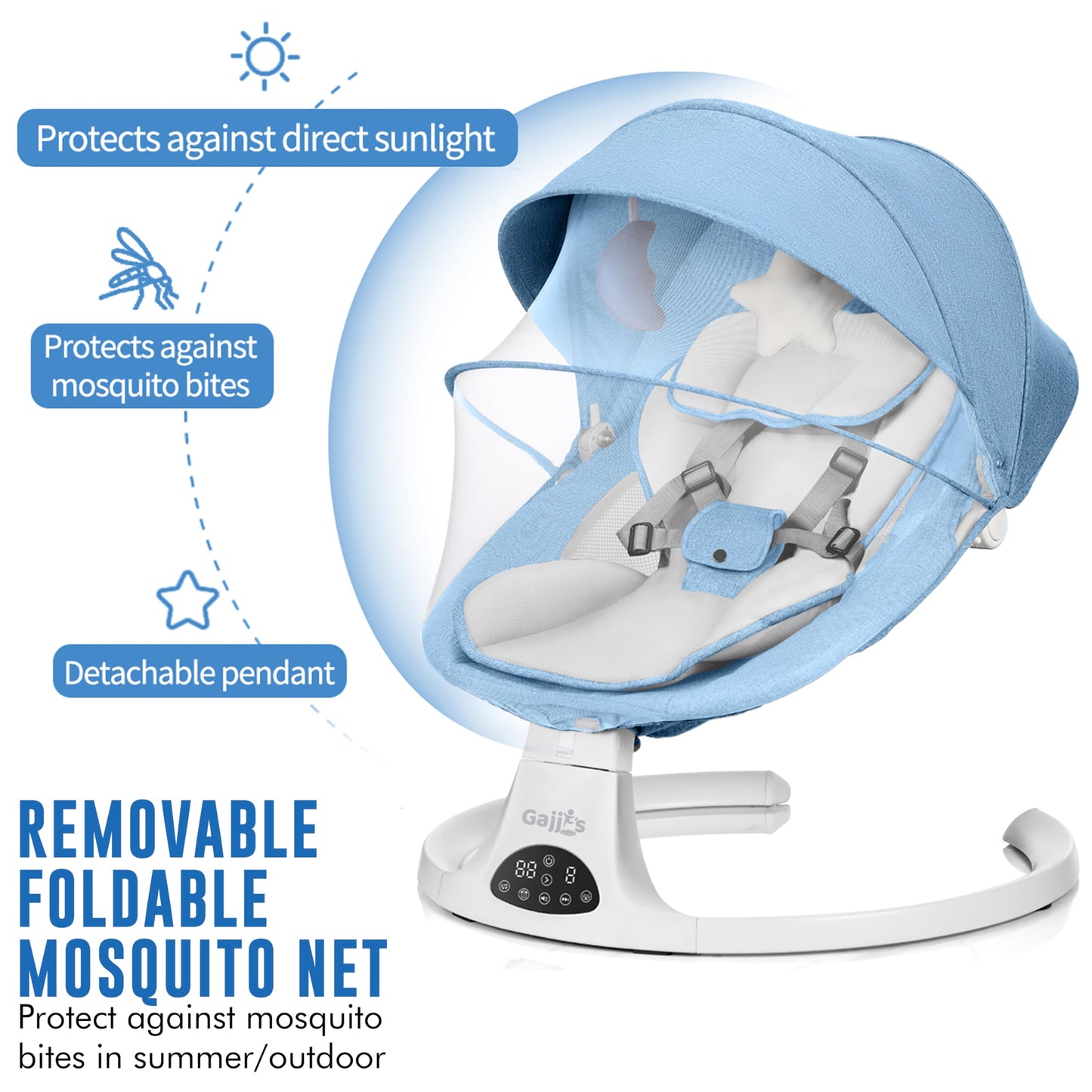 Baby Bouncer, Portable Electric Baby Swing with Bluetooth, 5 Swing Speed, 3-Stage Timer, 5-Point Harness, Remote Control & Touch Panel, Bouncer from Birth with 2 Soft Toys & Soft Pillow (Blue)