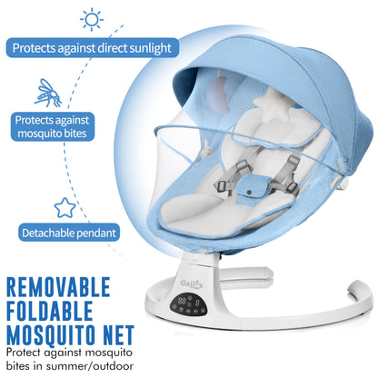 Baby Bouncer, Portable Electric Baby Swing with Bluetooth, 5 Swing Speed, 3-Stage Timer, 5-Point Harness, Remote Control & Touch Panel, Bouncer from Birth with 2 Soft Toys & Soft Pillow (Blue)